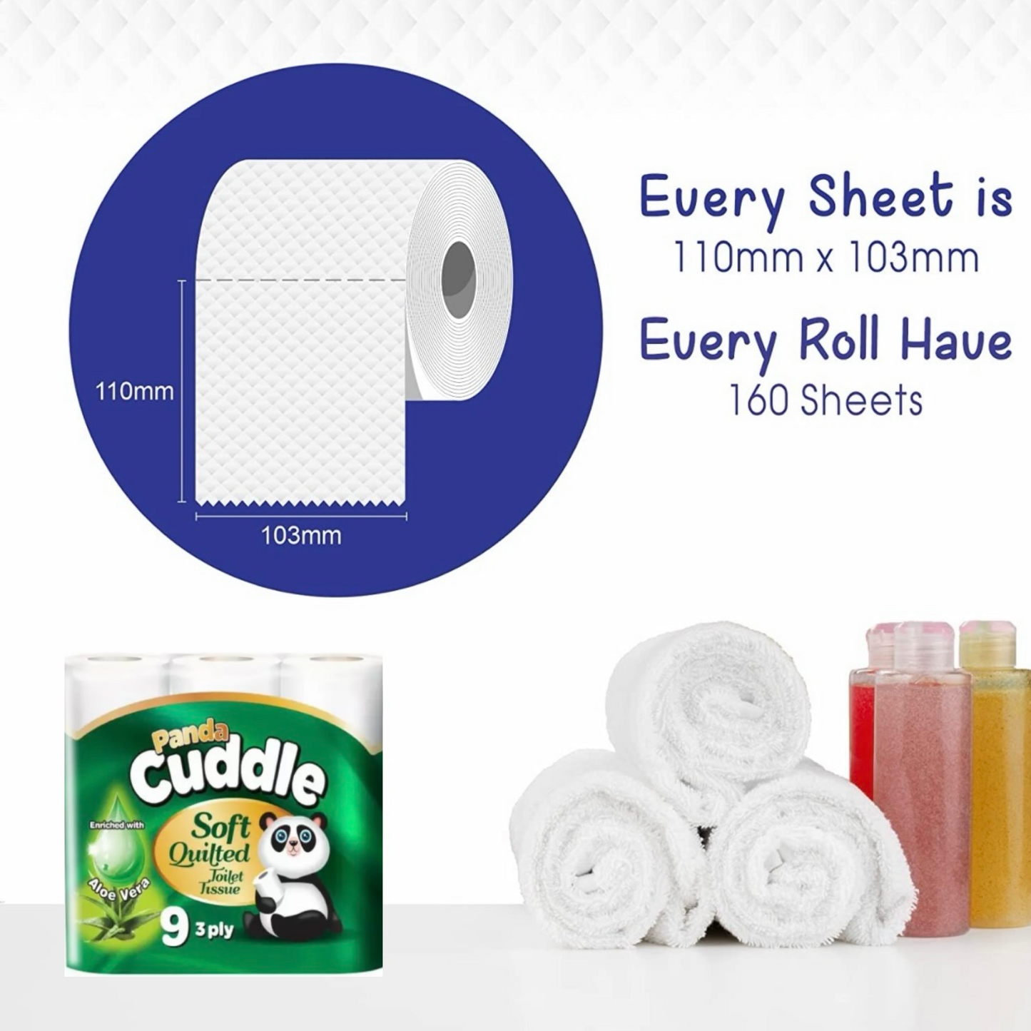 45 Panda Cuddle Soft Quilted 3 Ply Aloe Vera Scented Toilet Tissue Paper